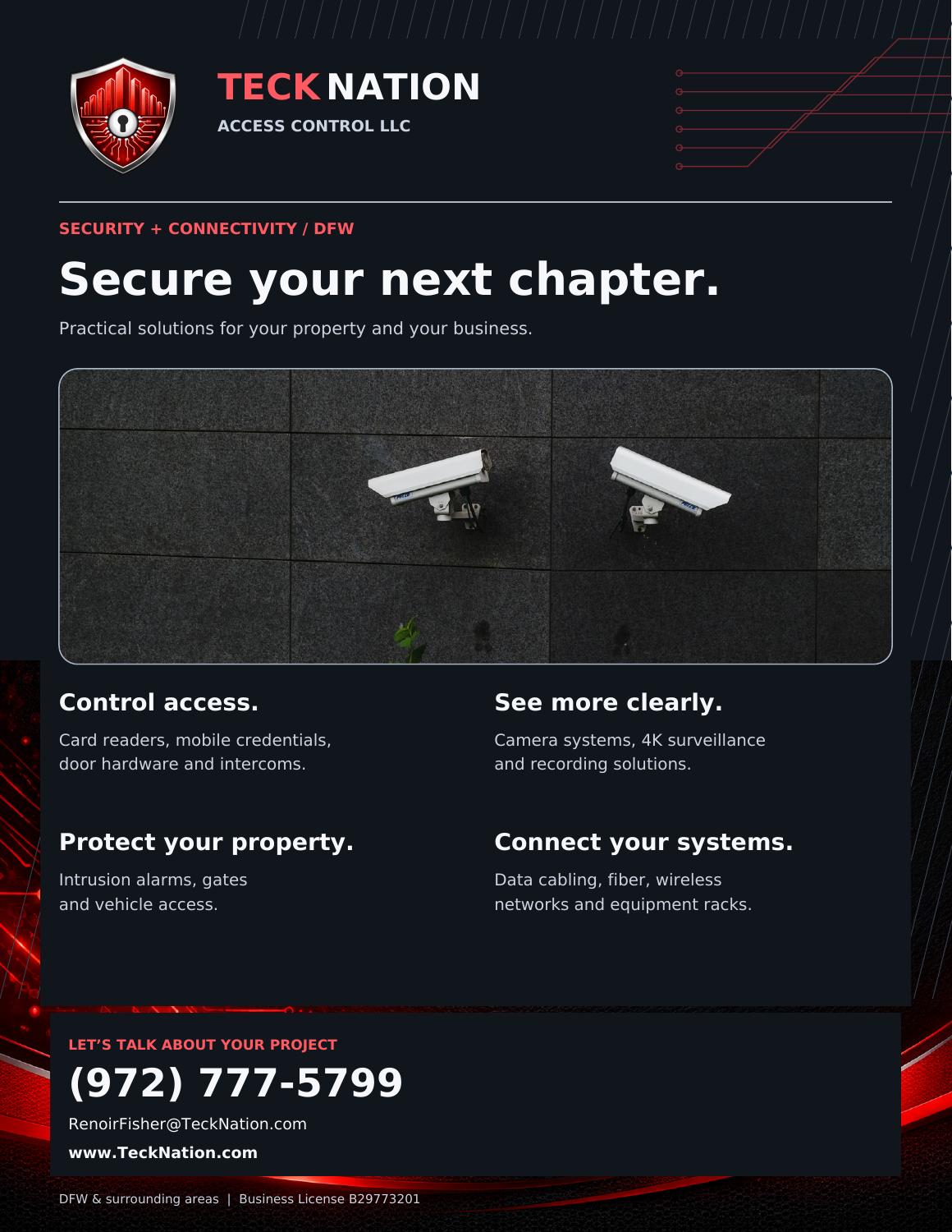 TeckNation — Secure what matters most. Access control, video surveillance, intercoms, electric locks and system integration. Open flyer at full size for details.